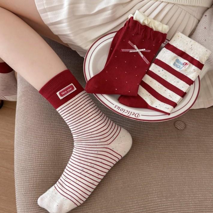 Female Autumn and Winter Bowknot Polka Dot Striped Cloth Logo New Year's Year Red Tube Pile Socks