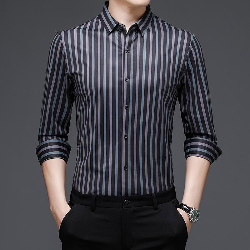 Весна и осень, новая мужская рубашка с длинными рукавами, деловая повседневная модная мужская рубашка с вертикальным полосатым принтом
