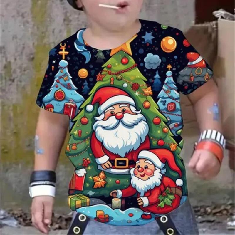 Детские новогодние футболки с принтом Санта-Клауса, удобный модный топ с коротким рукавом для мальчиков
