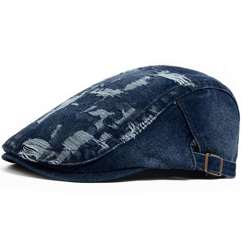 Fashion Ripped Denim Beret Vintage Men Women Newsboy Cap Spring Autumn Casual Cotton Flat Visor Hat Summer Berets Adjustable