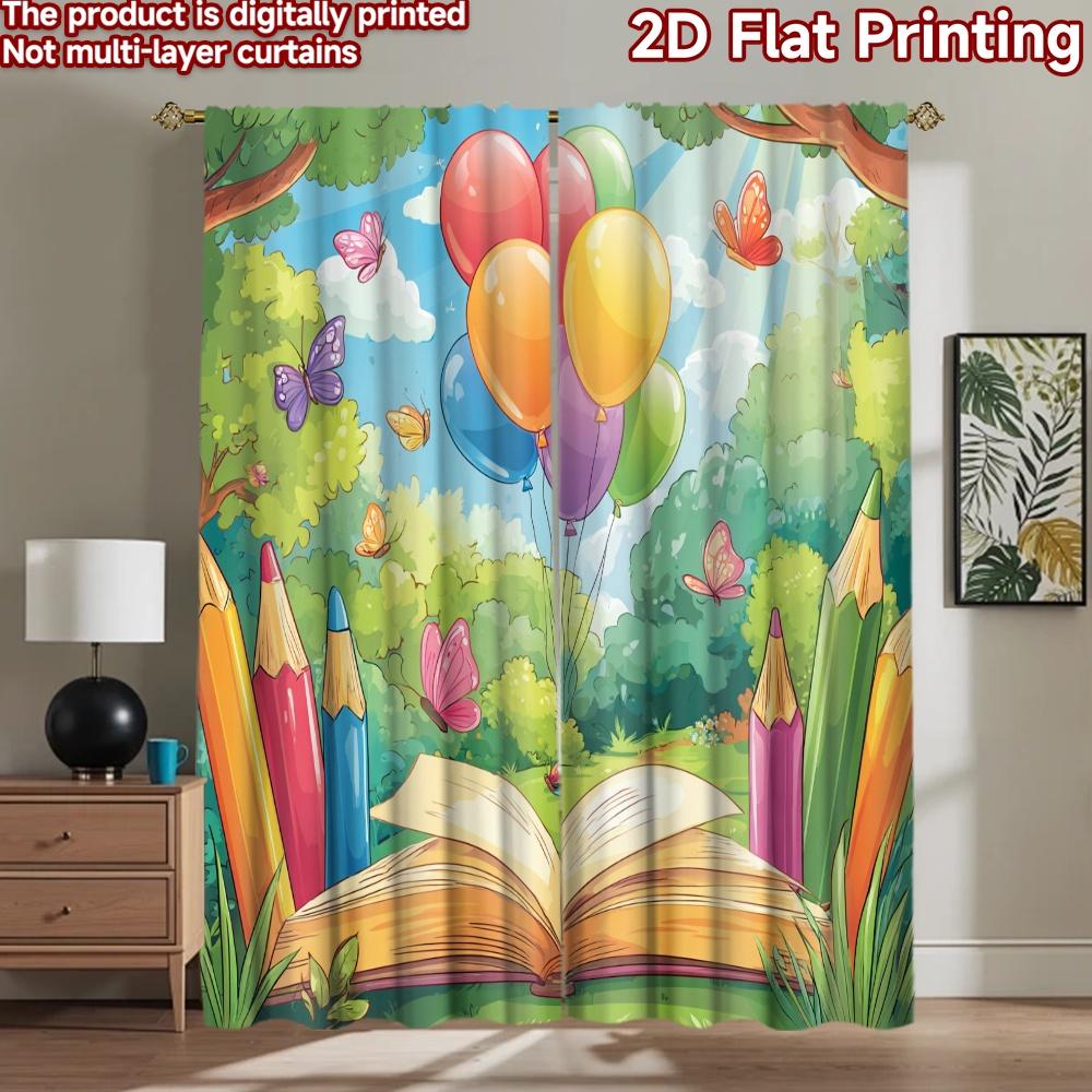 2D flat printing 2pcs Curtain Colorful Balloons Book Butterflies Nature Digital Printed Polyester Drapes Festive Wall Decor Use