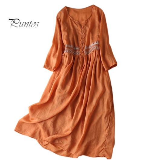 Женское весенне-летнее платье с круглым вырезом в этническом стиле с вышивкой и длинным рукавом с высокой талией трапециевидной формы, полуоднобортное сплошное цветное двухслойное платье миди