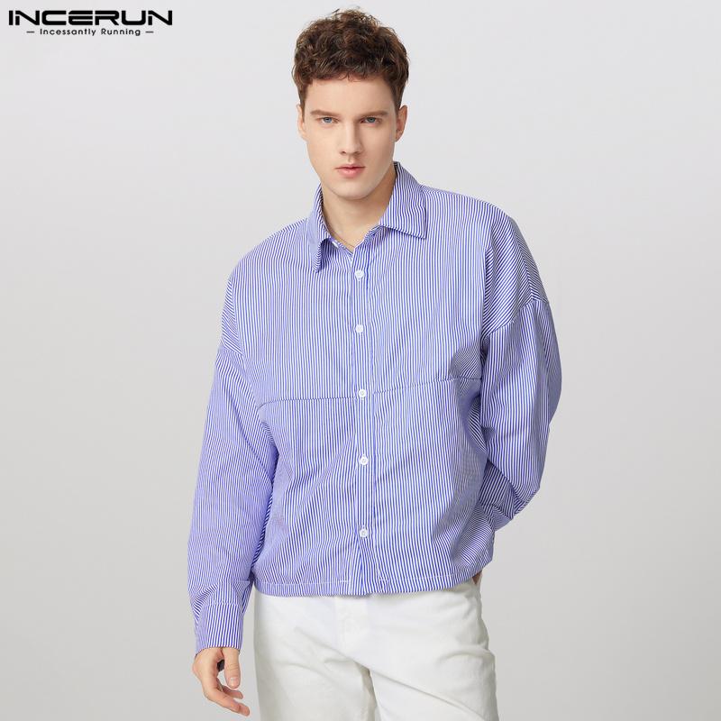 INCERUN Мужские рубашки с лацканами, длинными рукавами, в полоску, повседневные, на пуговицах