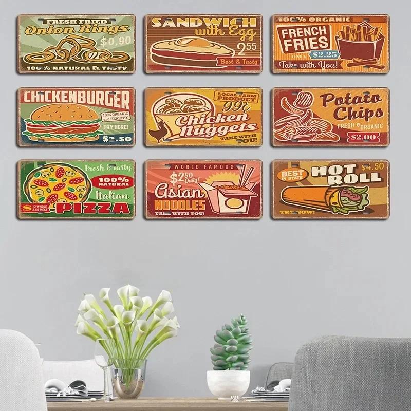 Vintage Delicious Foods Plate Metal Aluminum Sign Pizza Hot Roll Sandwich Donuts Metal Poster Home Cafe Restaurant Wall Decor