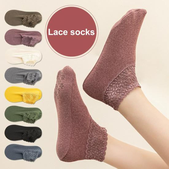 Women Winter Ankle Socks Thermal Socks with Lace Cuffs Warm Socks with Anti-Slip Sole for Daily Wear Street Dates