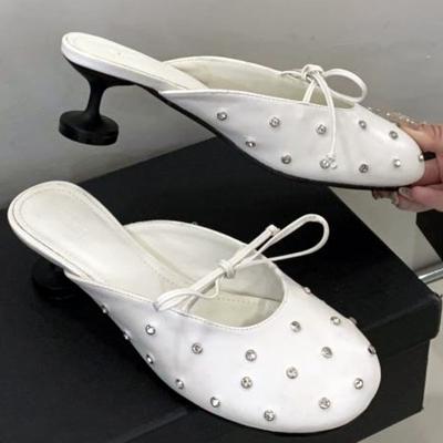 Модная Роскошная Обувь на Высоком Каблуке с Бантом из Стразов для Женщин, Круглый Носок, Тонкий Каблук, Дизайнерские Шлепанцы, Модные Неглубокие Удобные Женские Сандалии