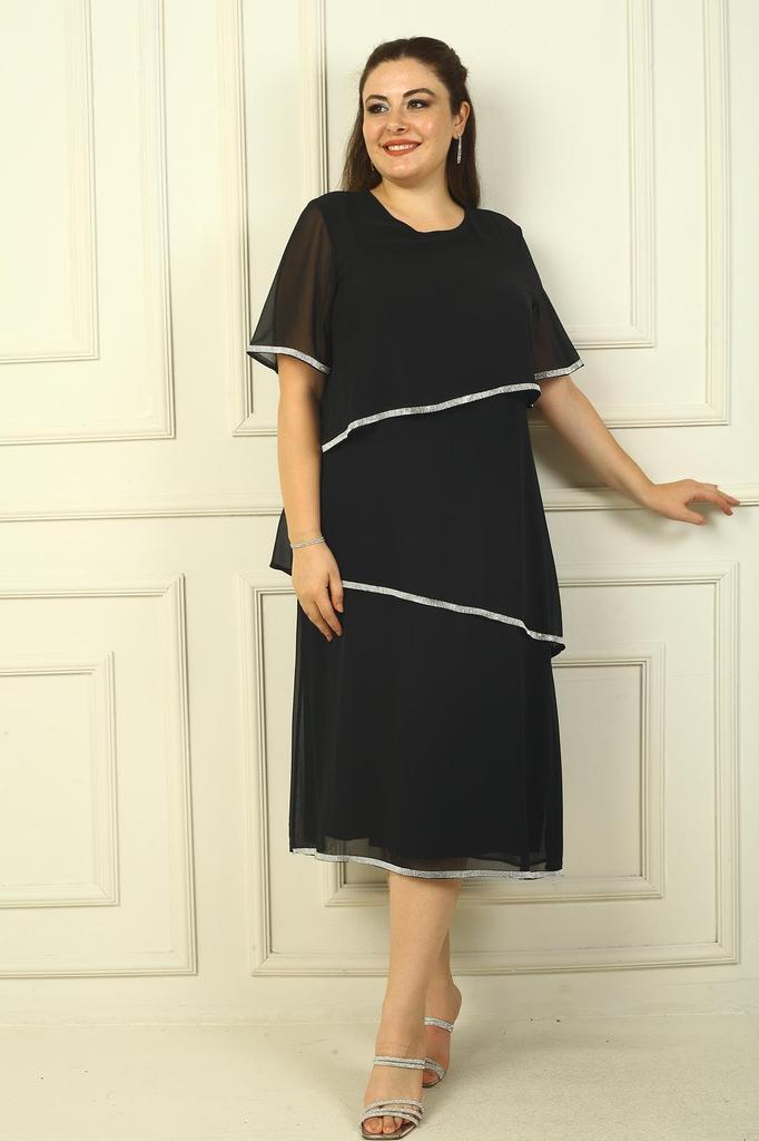 Женское трехслойное шифоновое платье больших размеров с короткими рукавами на подкладке с камнями