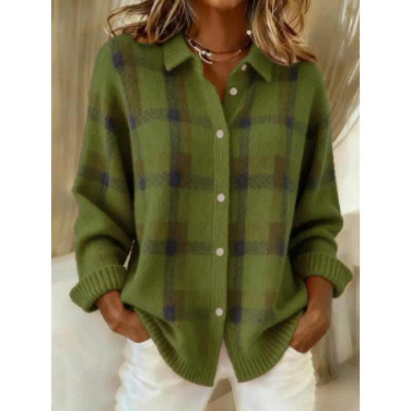 Womens Oversized Plaid Knit Cardigan With Collar Long Sleeve Fall Winter 2026 Casual Sweater