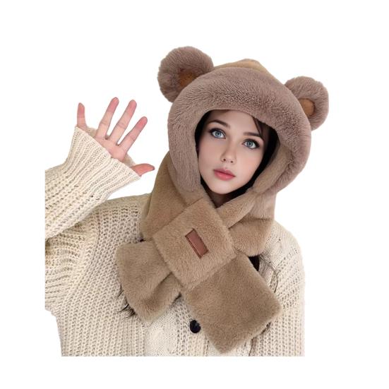 Thermal Elastic Scarf Hat Bear Ear Decor Autumn Winter 2 In 1 Scarf Hat Outdoor Activities Skiing Camping Warm Headwear