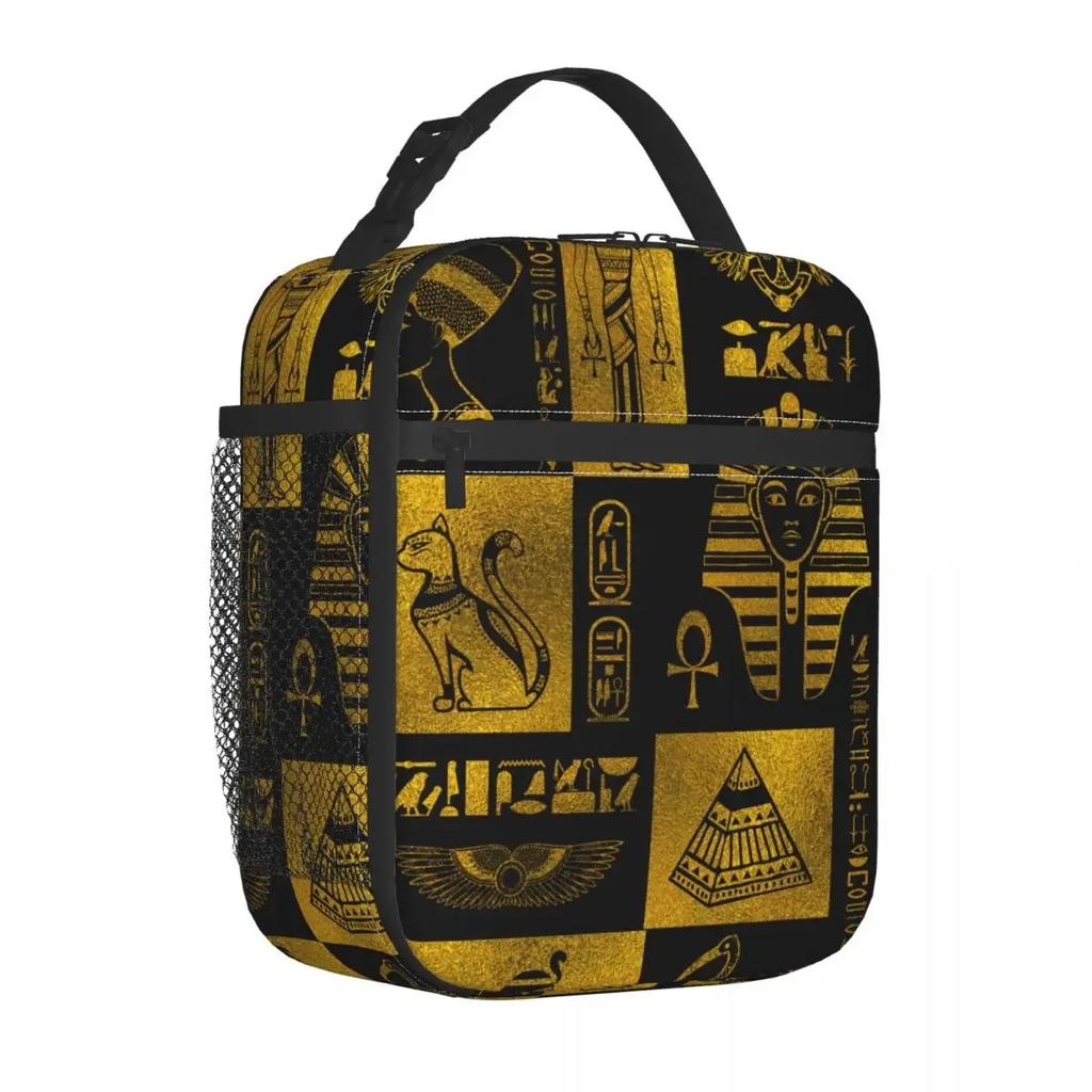 Egyptian Gold Hieroglyphs And Symbols Collage Insulated Lunch Bag High Capacity Egypt Meal Container Thermal Bag Tote Lunch Box