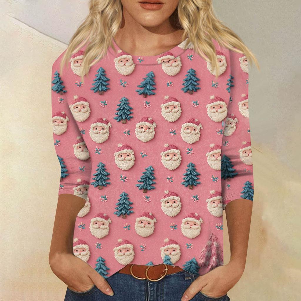 Women's Fashion Casual Round Neck 3/4 Sleeve Loose Printed T-Shirt Ladies Top