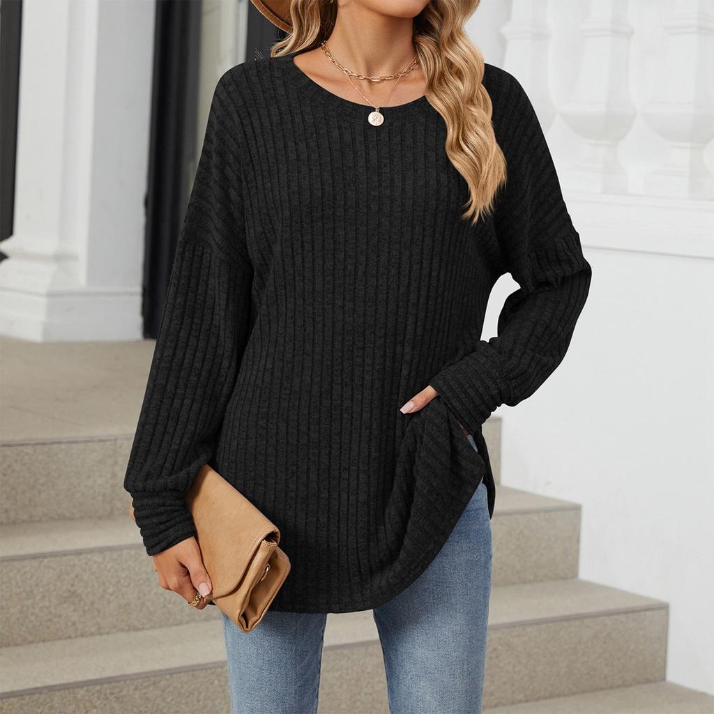Женская мода, повседневный однотонный свободный пуловер с круглым вырезом и длинными рукавами