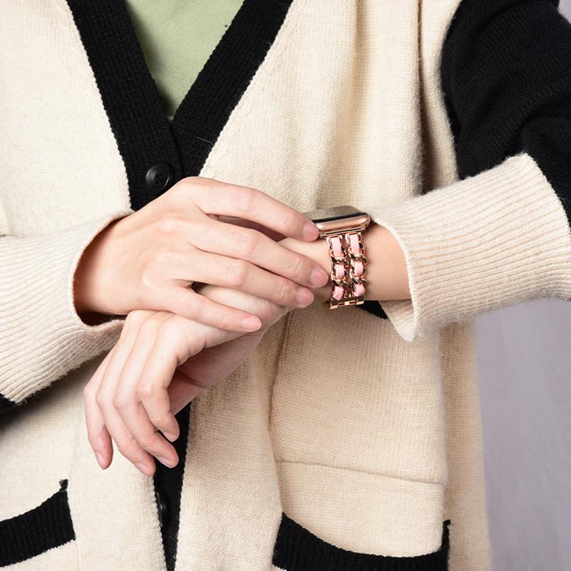 Watchband Double Row Metal Denim Chain Gold Wristband for Apple Watch Band 38 40 41 42 44 45 49 Mm Strap Lady Metal Leather Bracelet