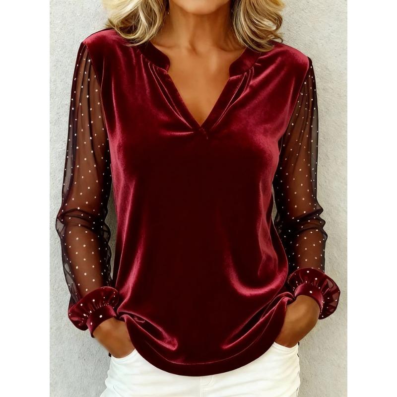 Элегантная блузка с V-образным вырезом, сетчатой и кружевной вставкой, женская, с длинным рукавом, бархатная, с принтом в виде точек, свободная, весенне-осенняя, офисные топы, повседневные, простые футболки, одежда