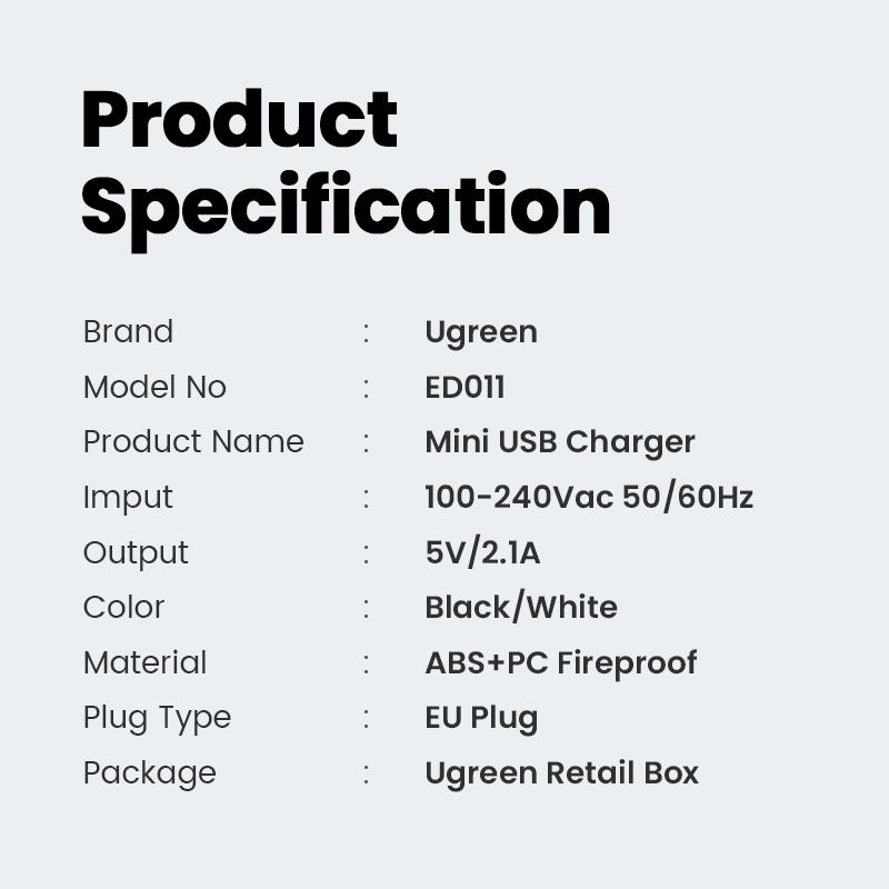 Зарядное устройство Ugreen, 5V 2.1A