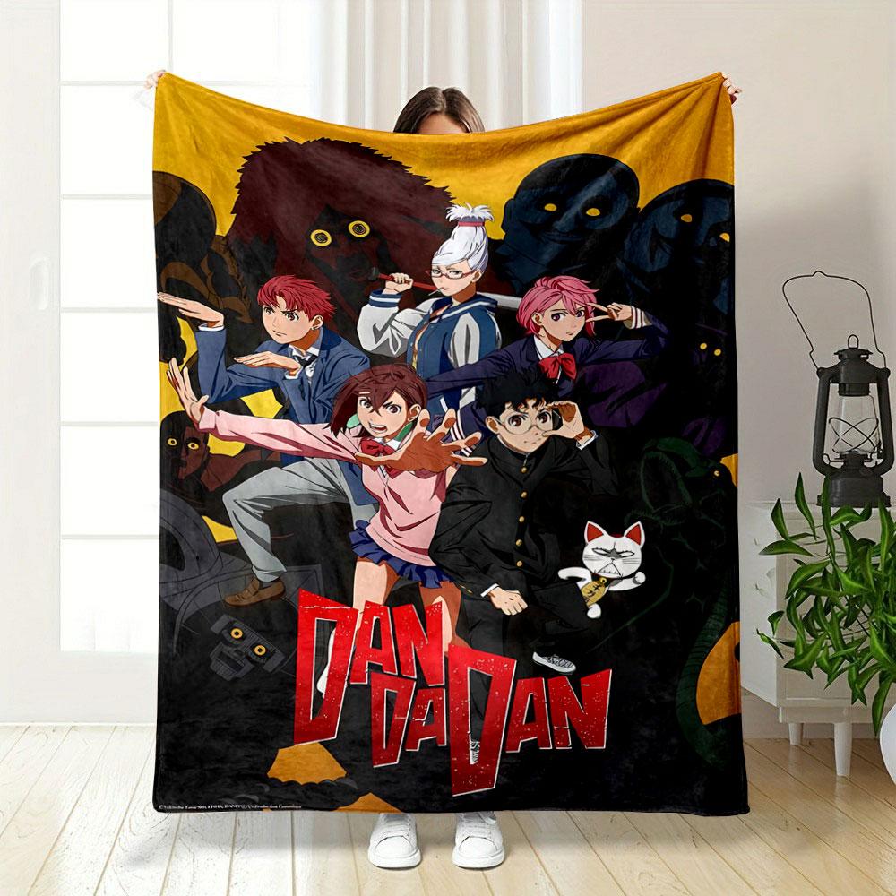Dynamic Characters Posing with Eerie Figures On a Vibrant Yellow Background. for All Seasons Blanket Lunch Break Throw Gift
