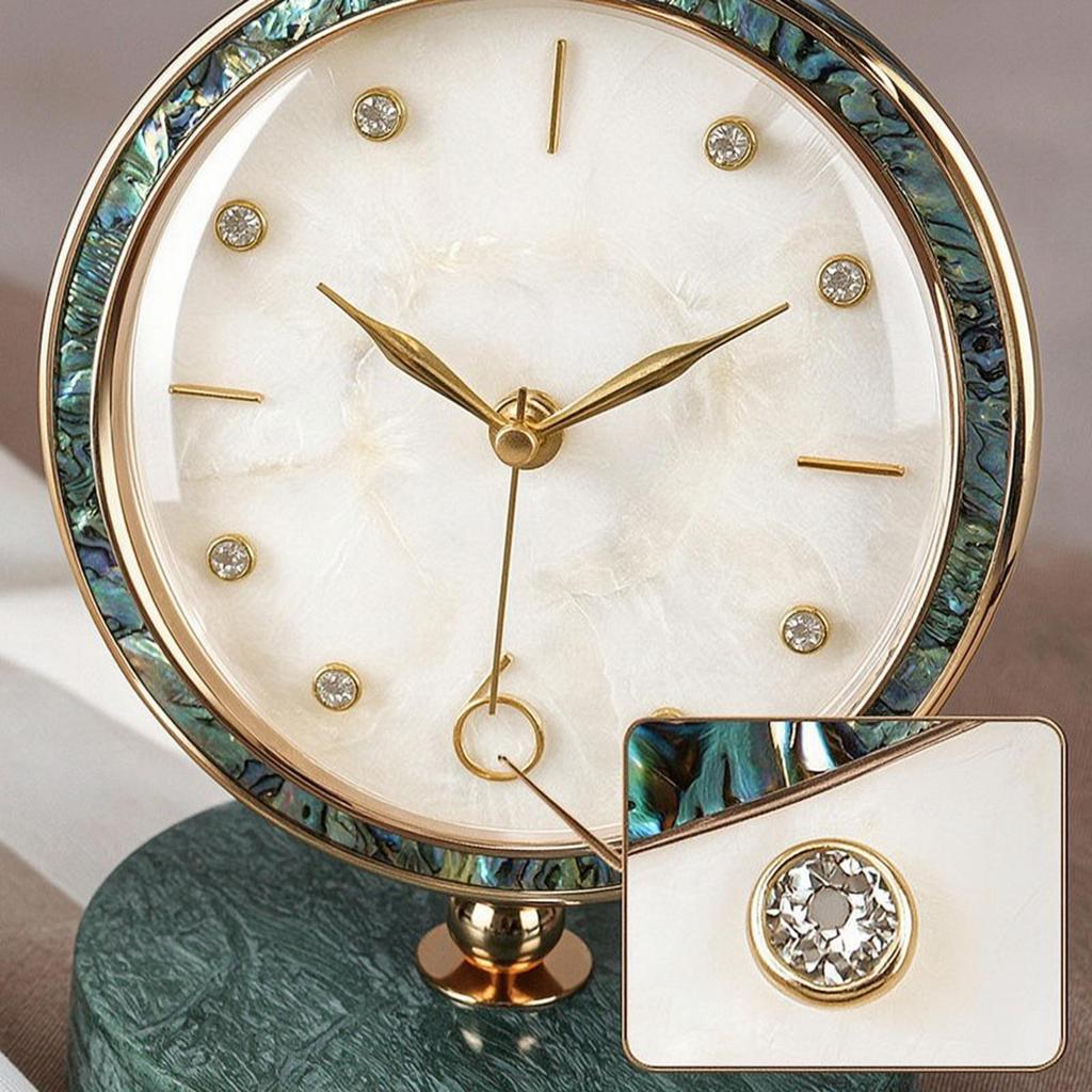 Clock with Marble Base Golden-Hued Decorative Desktop Marbled for Bedroom