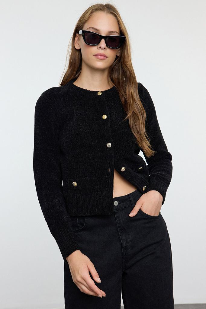 Women's Elegance Style Cardigan Black Premium Yarn Special Yarn Pocket Detailed Knitwear Cardigan