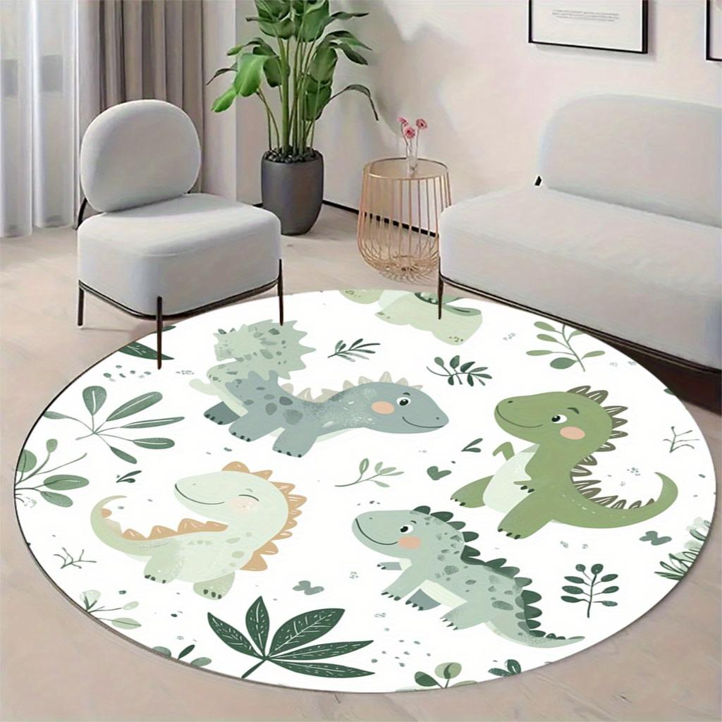 Cute Cartoon Dinosaur Round Rug Kids Nursery Playroom Flannel Soft Safe Non Toxic Floor Mat Educational Toy Learning Space Decor
