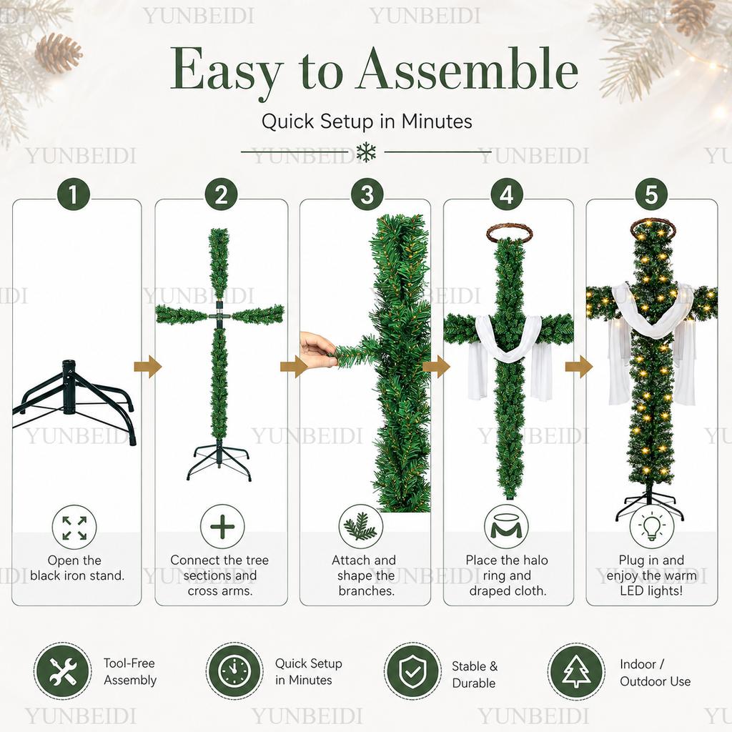 150/180cm Cross Shaped Christmas Tree Pre Lit Warm LED Lights Artificial PVC Xmas Tree Religious Holiday Home Outdoor Decoration