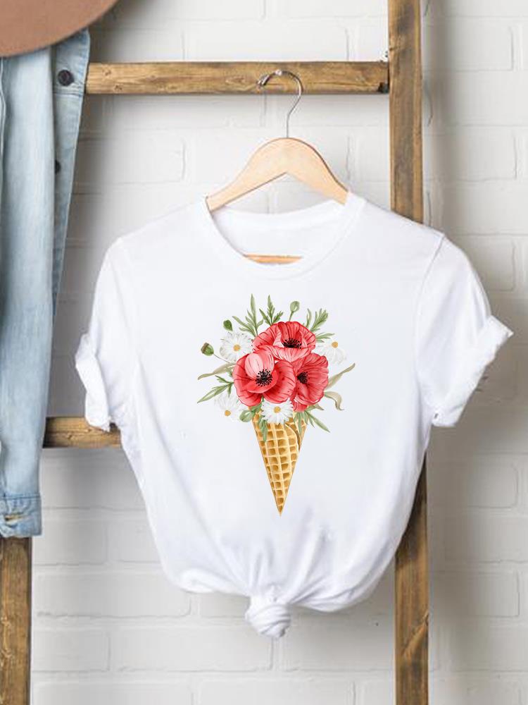 (Азиатский размер) сладкий цветочный тренд милый Женская Мода Футболка Топ Одежда Футболка Женская Принт Женский Короткий Рукав Графические Футболки