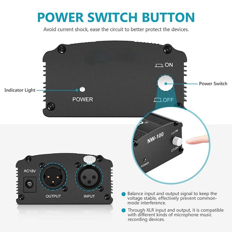 48V Phantom Power Supply with Adapter Bonus+XLR 3 Pin Microphone Cable for Any Condenser Microphone Music Recording Equipment