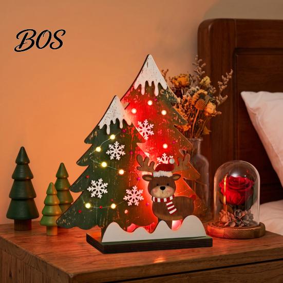 Lightweight Xmas Centerpiece Wooden Christmas Tree Table Decor with LED Light, Rustic Standing Sign Mini Reindeer Santa Claus for Holiday Tiered Tray,