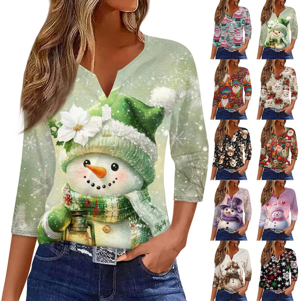 Women's Fashionable Casual Christmas Printed V-neck Three-quarter Sleeve Decorated Button Top