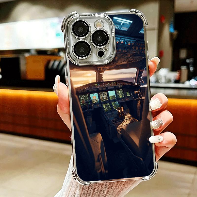 Aviation Aeroplane Pilot Cockpit Plating Phone Case For Iphone 16 17 Pro Max Air 16E 14 15 Plus 12 13 Mini Anti-Fall Airabag Cov