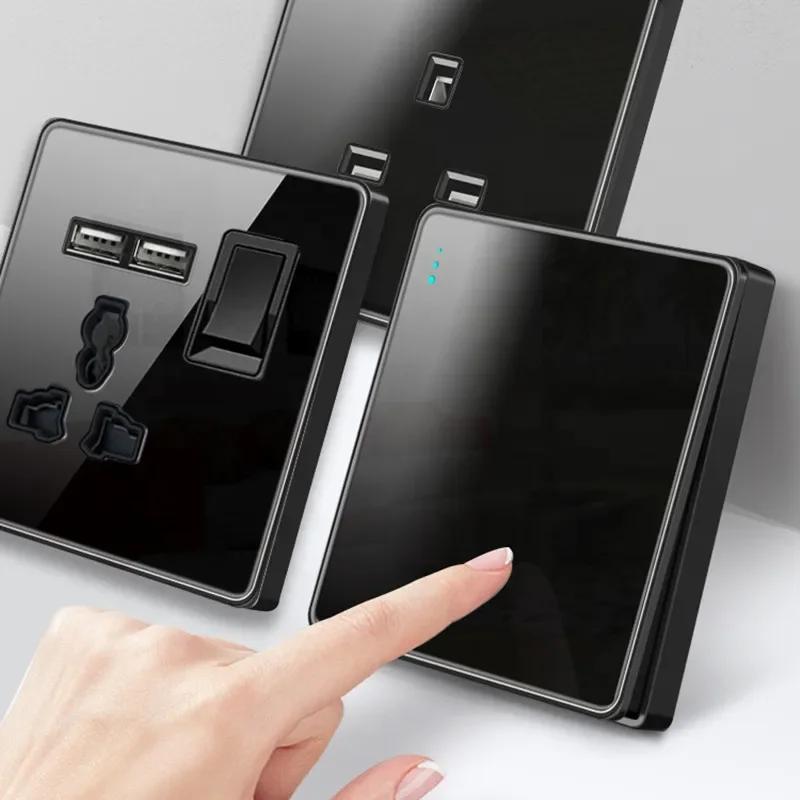 Роскошный настенный выключатель света из закаленного стекла, черная вилка UK 13A, универсальная настенная розетка с USB, 220 В, 1-канальный двухпозиционный переключатель скорости