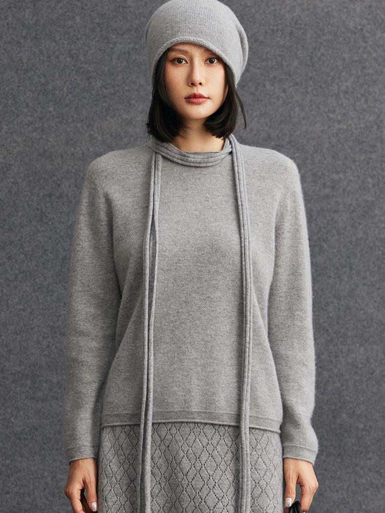 Women's Cashmere Rolled Edge Pullover - 2026 Autumn Round Neck Solid Color Knit Sweater