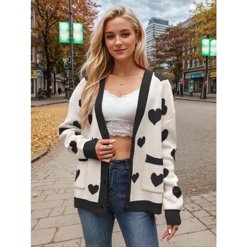 Осенне-зимний женский свитер больших размеров ко Дню святого Валентина, вязаный кардиган с карманами и V-образным вырезом
