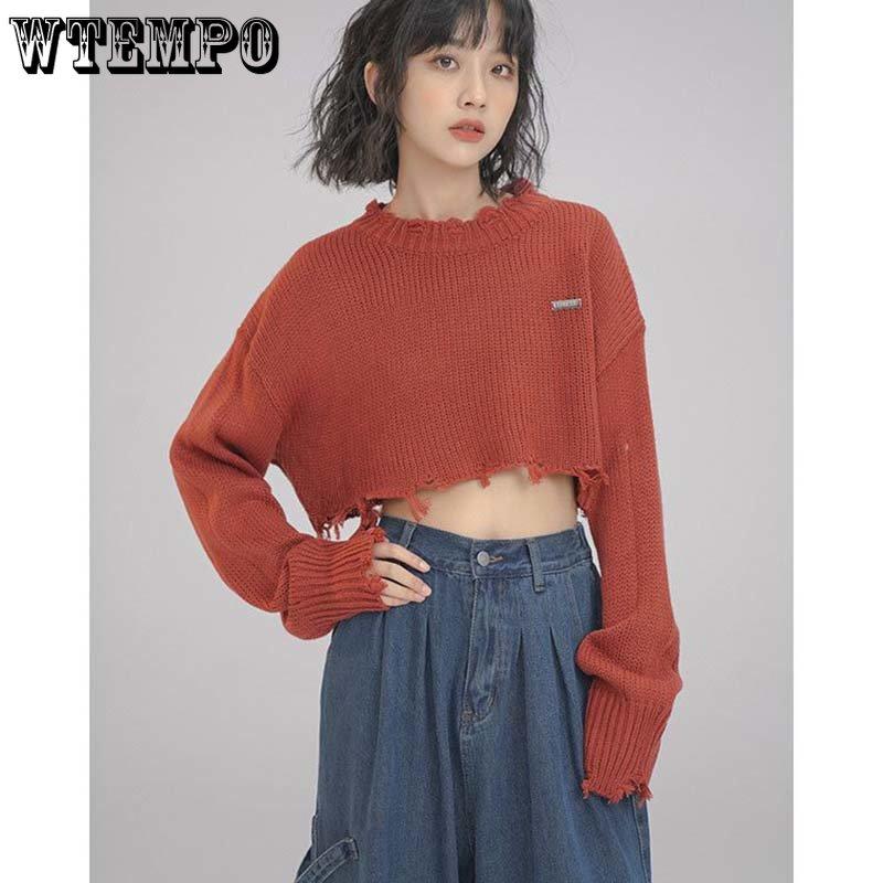 Cropped Knitted Pullovers Women Long Sleeve O-Neck Short Sweaters Girl's Solid Color Casual Irregular Jumpers Streetwear