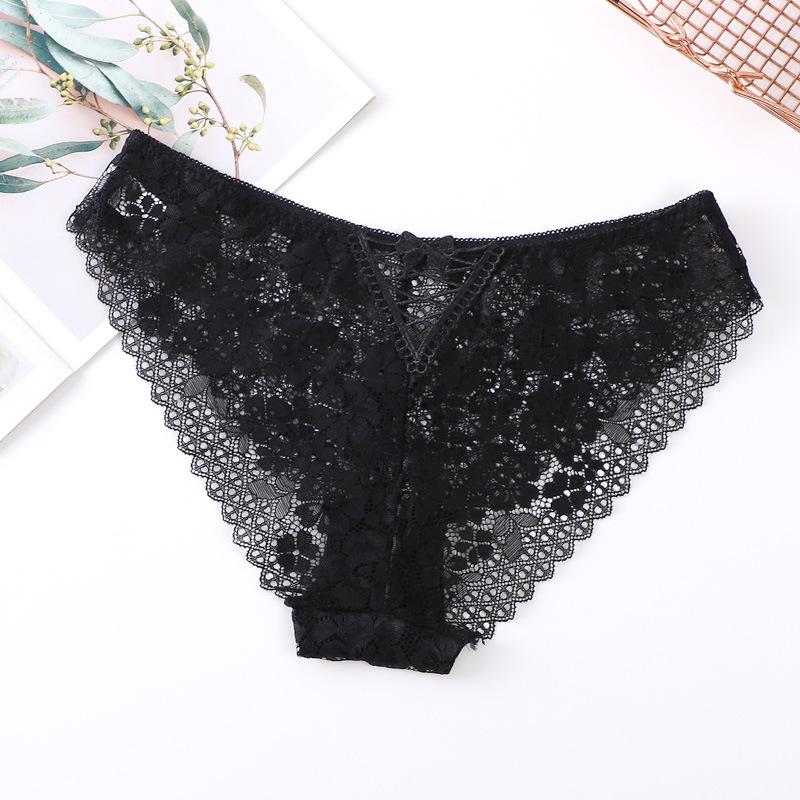 Women's Lace Mid-rise Bowknot Cross-strap Sexy Briefs Hollow Transparent Cotton Crotch Panties