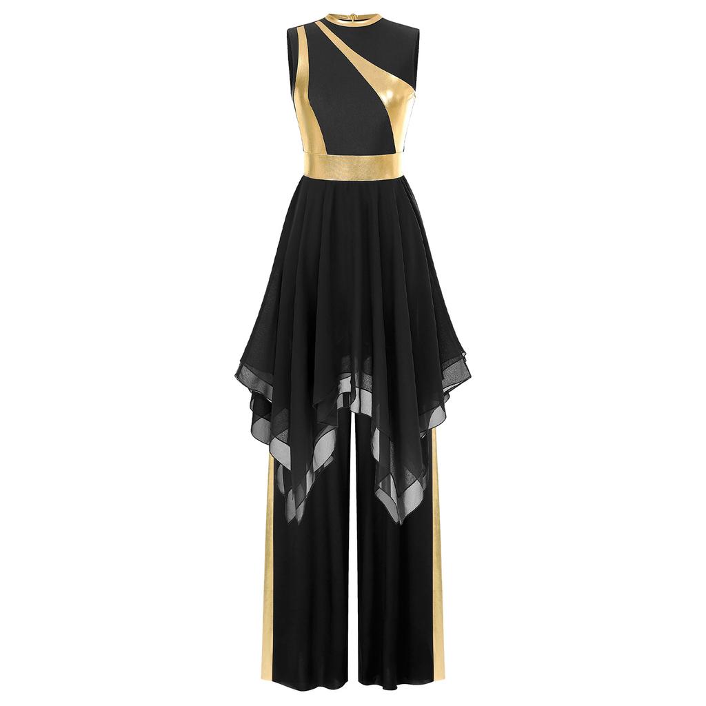Женский костюм для современного танца, платье с неровным подолом и цветными блоками, металлизированная пэчворк, брюки широкого кроя, танцевальная одежда