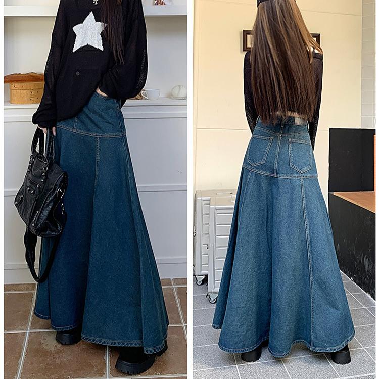 Women Denim High Waist Long Skirt Casual Patchwork A-line Maxi Skirts Elegant Autumn Winter