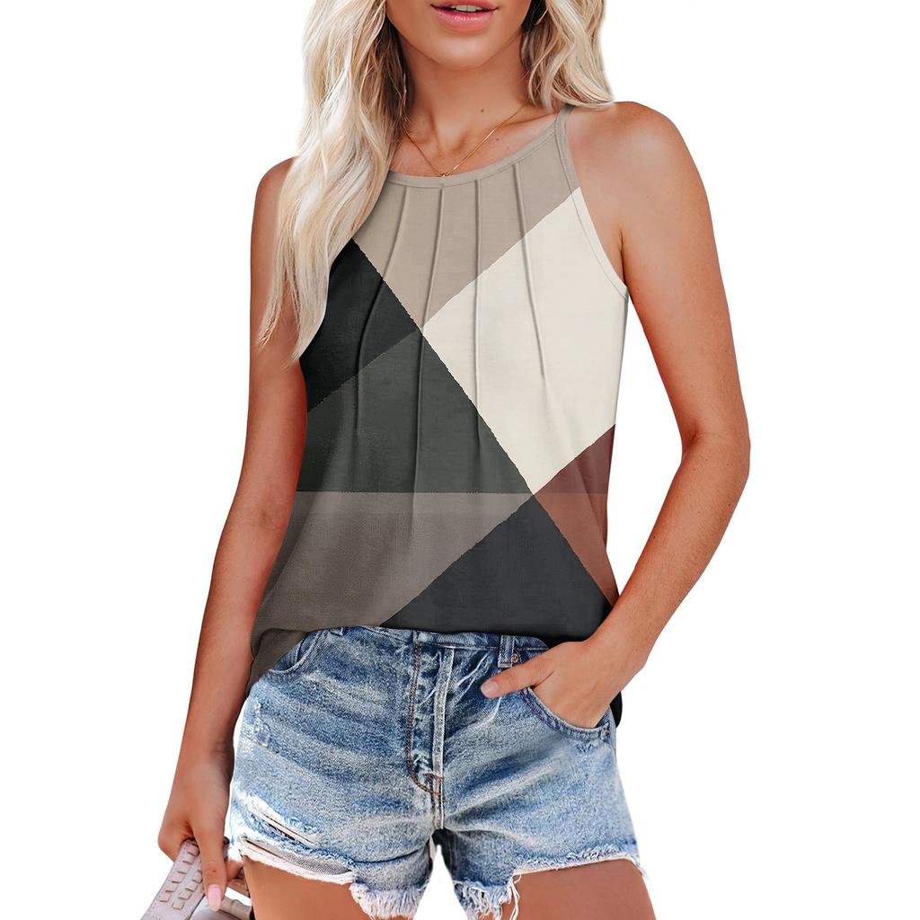 Womens Summer Tank Tops Pleated O Neck Printing Casual Top Tank Tops For Women Loose Fit Sleeveless Shirts