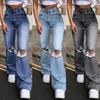 High Waist Ripped Micro-lapped Jeans Slim Stretch Denim Straight Leg Casual Pants
