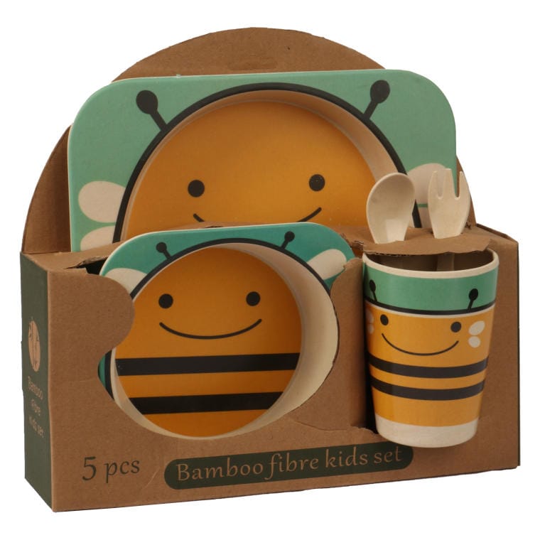Blue children's tableware set with a bee