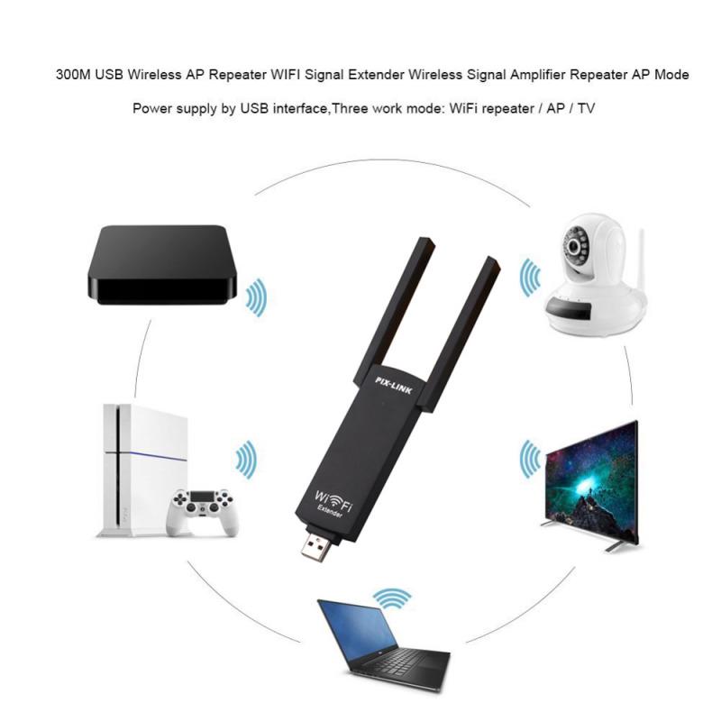 USB беспроводной повторитель Wi-Fi, расширитель диапазона, двойная антенна, 300 Мбит/с, 802.11b/g/n, усилитель сигнала Wi-Fi