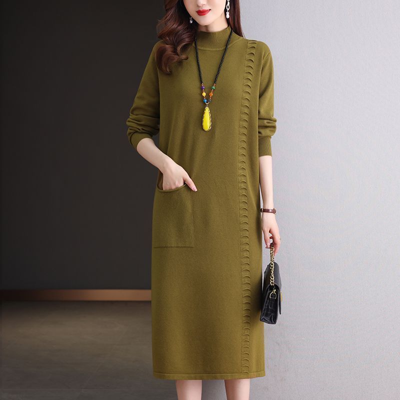 Вязаное платье длиной до колена Женское платье средней длины свободного кроя Большого размера Платье-свитер Однотонный Повседневный Пуловер с полувысоким воротом