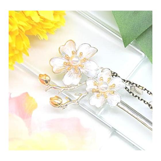 Заколка для волос Miaomyao Kanzashi с одним зубцом для японского кимоно, металлическая, античная, с кубическим цирконием, парный цветок, вишневый цвет, лепестки.