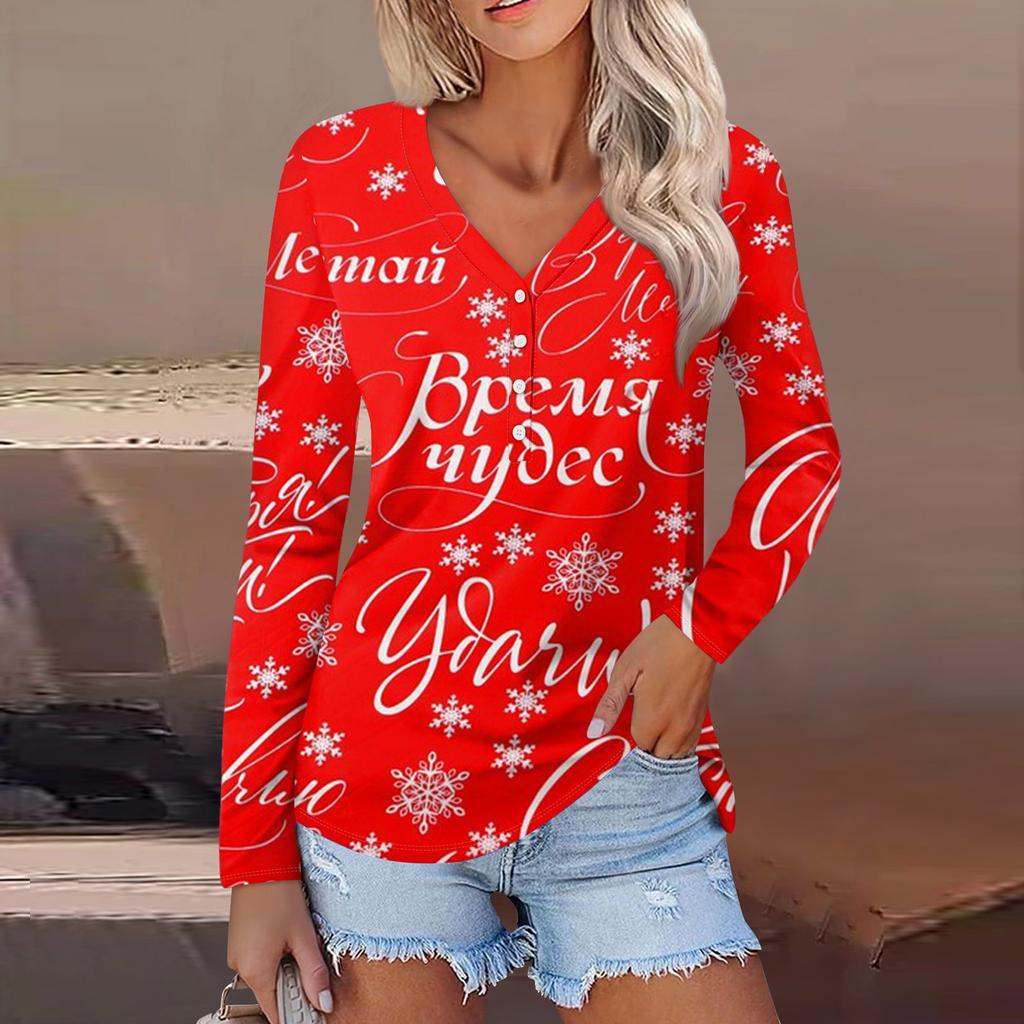 Women's Casual Fashion Sexy Comfort Christmas Printed V-Neck Button Long Sleeve