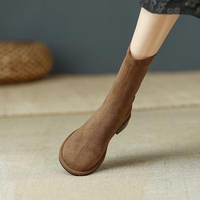Осень Винтаж Круглый Носок Женские Балетки Ботильоны Уличный Стиль Банкет Эластичные Тонкие Короткие Ботильоны Женские