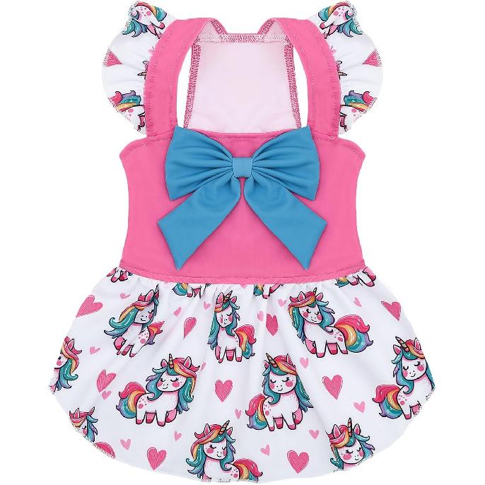 CuteBone Dog Dress for Small Dogs Girl, Unicorn Summer Dresses with Bow & Ruffle Sleeve, UPF50+ Sun Protection, Cute Pet Clothes for Puppy for