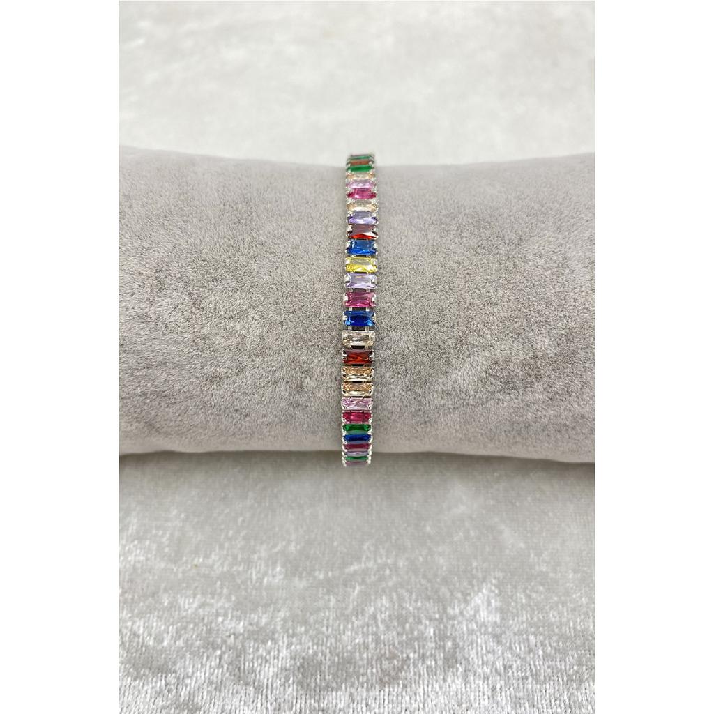 Women's Silver Zircon Baguette Waterway Necklace Earring Bracelet Jewelery Set Suit