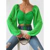 Women Sexy V-neck Off Shoulder Blouses Summer Drawstring Bandage Long Sleeve Tops Ladies Fashion Short Clothes