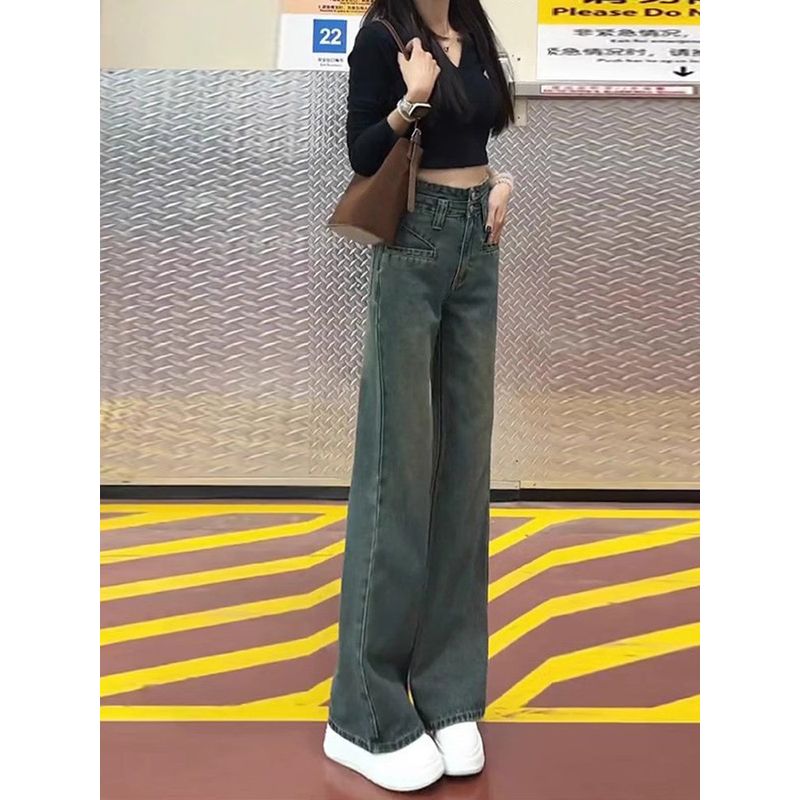 Spring Denim Wide-Leg Pants for Women 2026 New Style for Petite Pear-Shaped Body, High-Waisted, Slimming, Drapey, Narrow Straight-Leg Pants