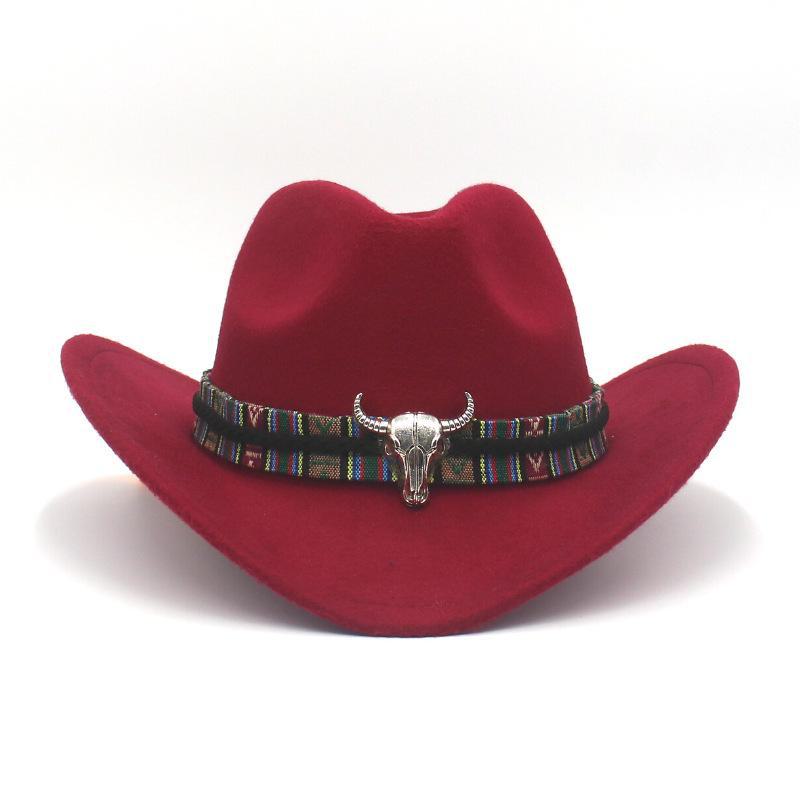Western Cowboy-Style Wool Felt Hat with Bull Head Accent - Tibetan-Inspired Autumn/Winter Jazz Hat