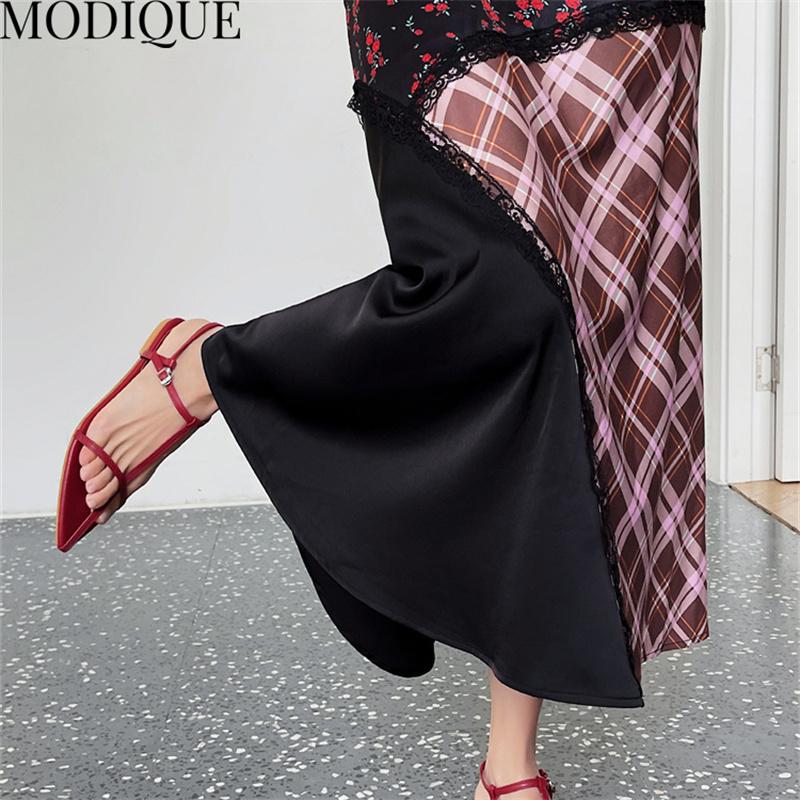 MODIQUE Summer Plus Size New Women Loose Patchwork A-Line Lace Printing Plaid Long Dresses Elegant Lady Casual Cotton O-Neck Short Sleeve Skirt